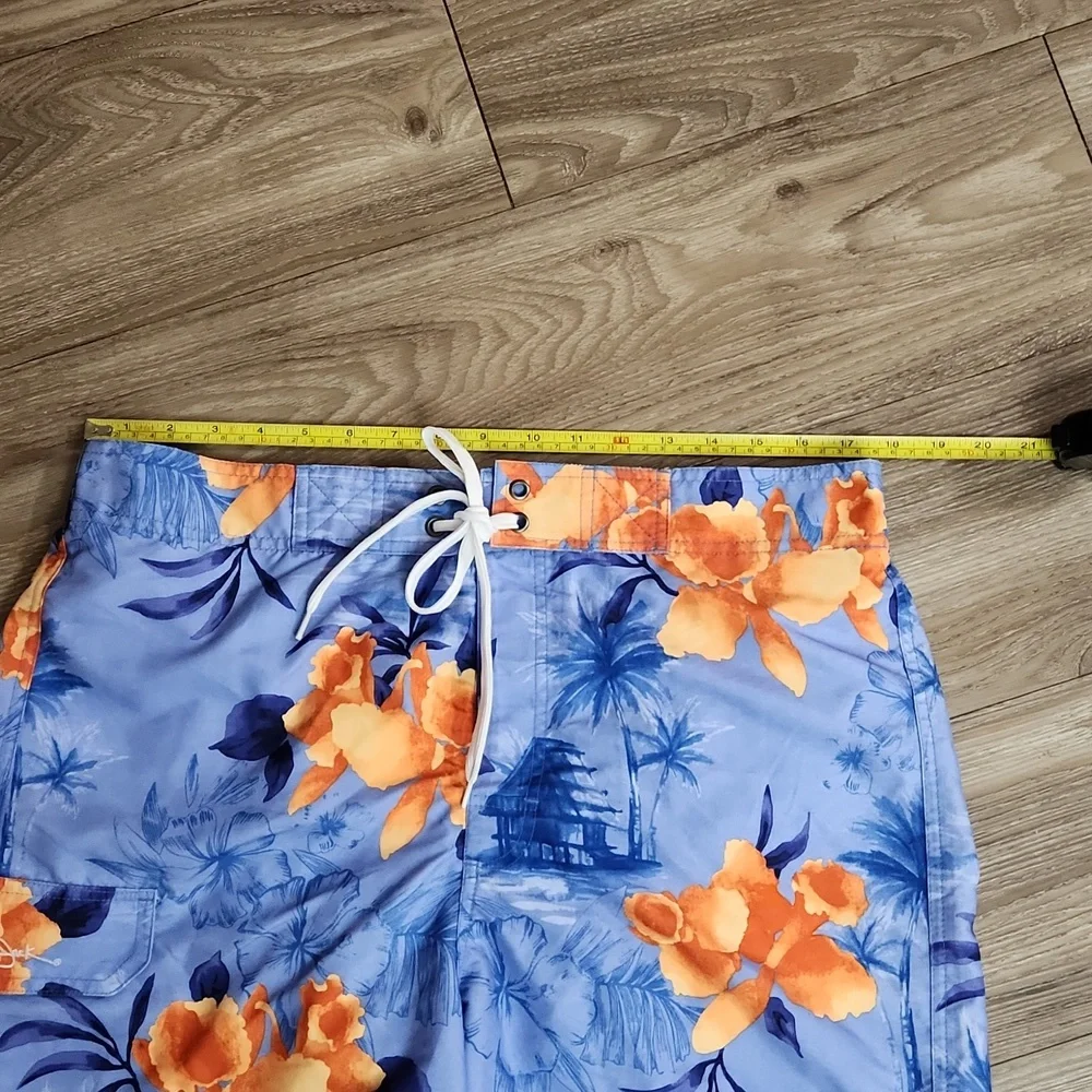 Panama Jack Blue Orange Hawaiian Print Swim Shorts Velcro Close & Pocket XL